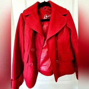 Stunning GUESS Red Cropped Wool-Blend Pea Coat/Jacket - Size Small